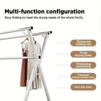 Clothes drying rack with text highlighting features on a white background