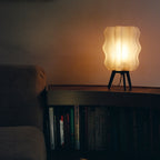 Small lamp on a shelf with books in a dimly lit room
