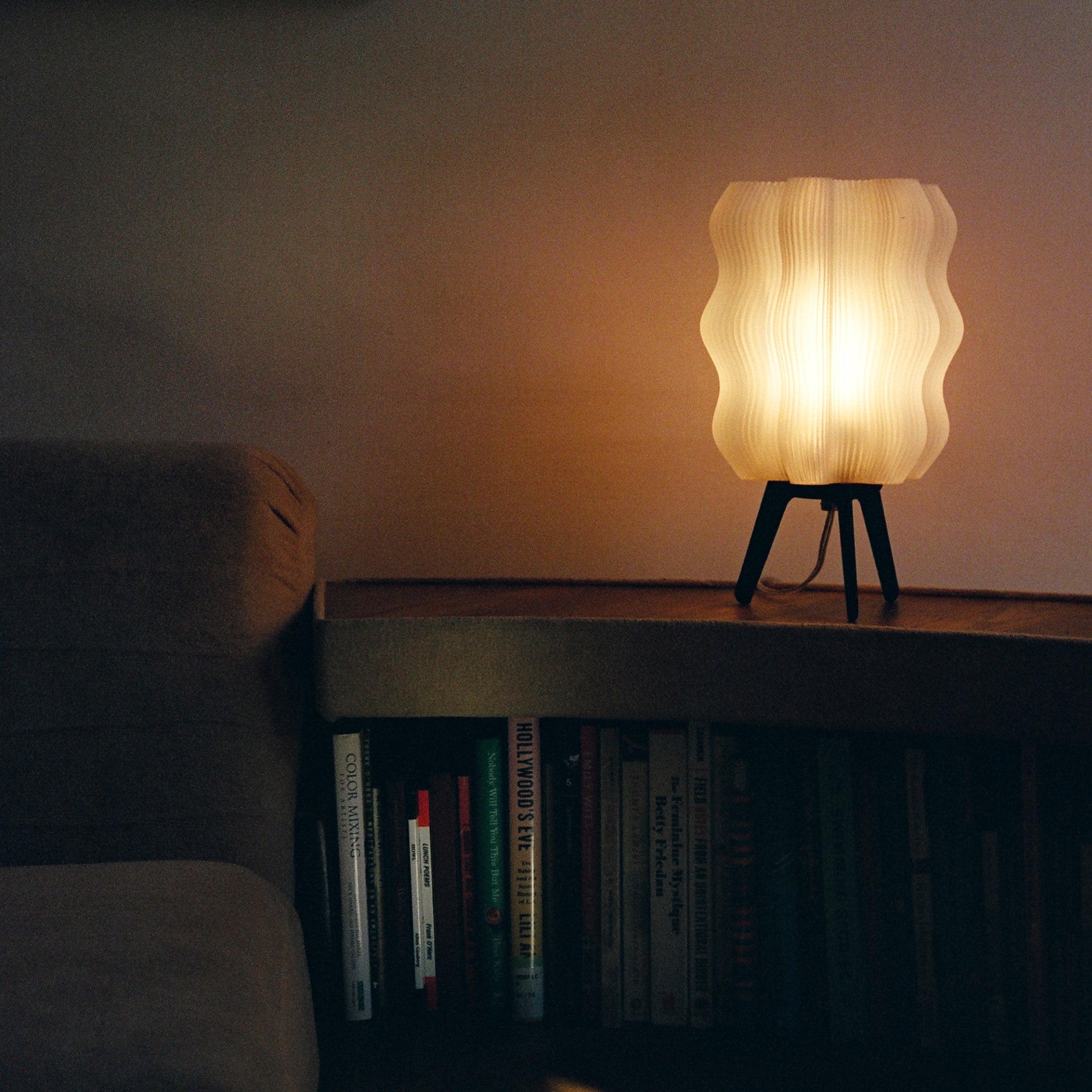 Small lamp on a shelf with books in a dimly lit room