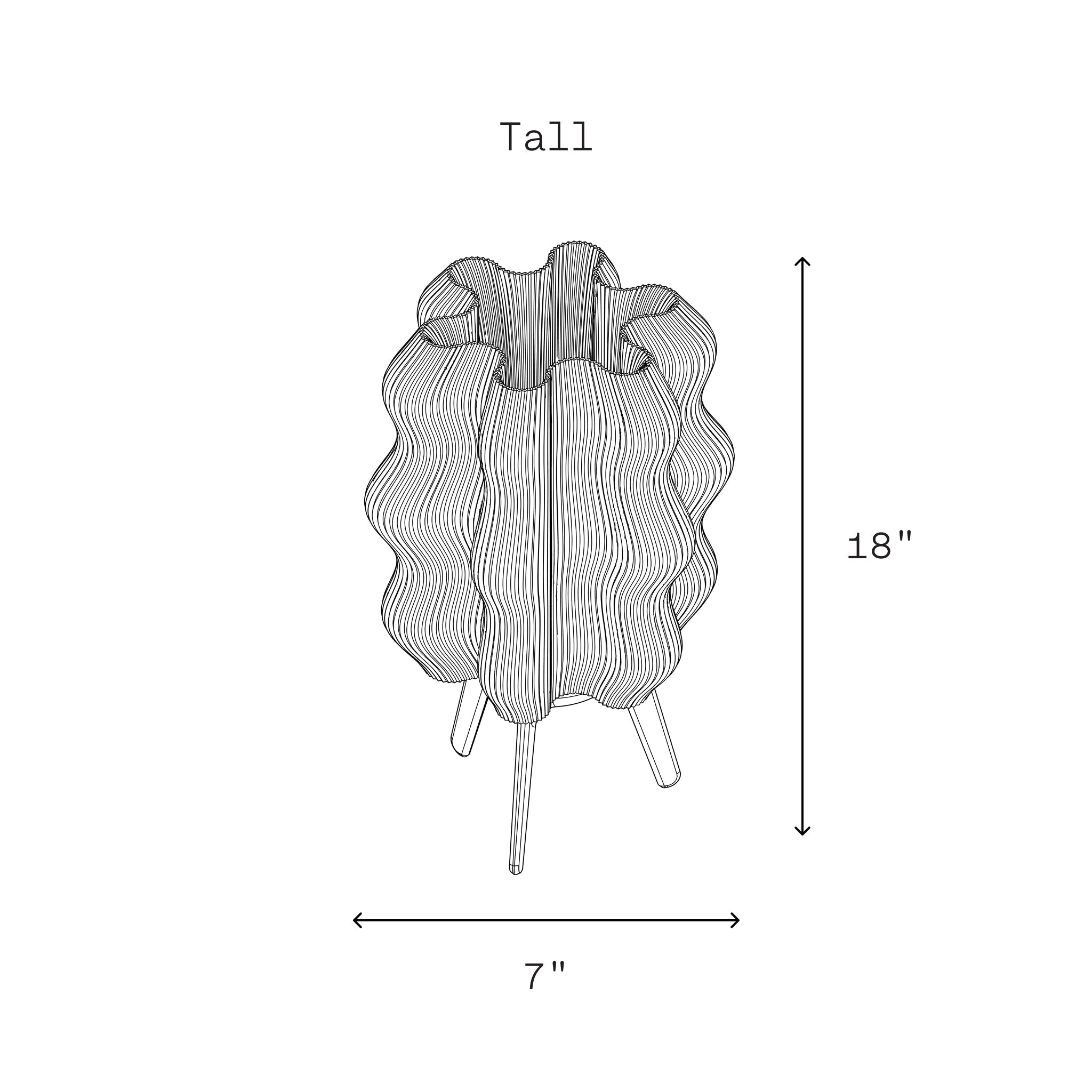 Line drawing of a tall decorative vase with dimensions on a white background